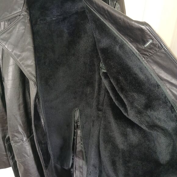 Vintage Mens Sz S Black Leather Trench Coat Removable Faux Fur Lining Old Money - Picture 16 of 16